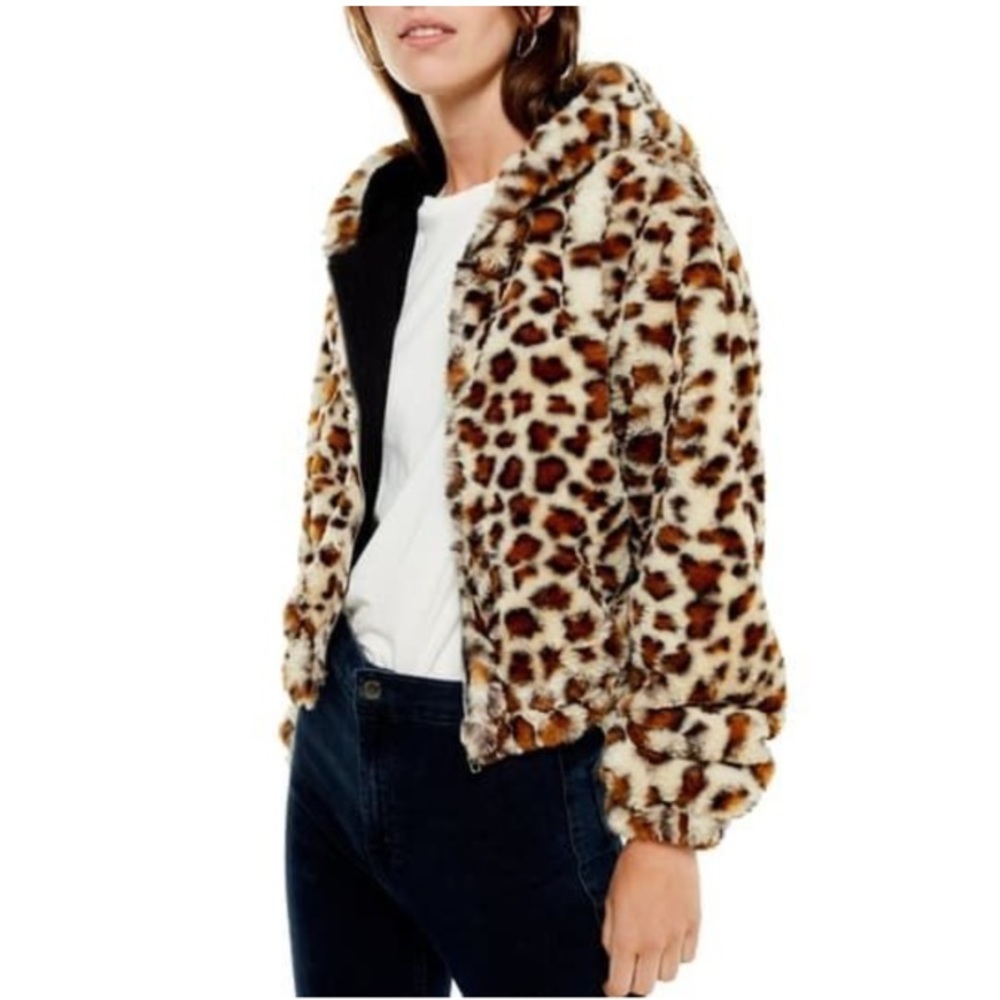 Topshop Faux Leopard Fur Zip Hooded Jacket Size 4-6